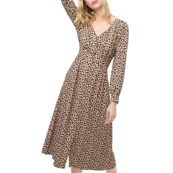 J.Crew Womens 0 Leopard Brown Button Front Midi Dress Long Sleeve - Picture 2 of 10